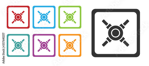 Black Safe icon isolated on white background. The door safe a bank vault with a combination lock. Reliable Data Protection. Set icons colorful. Vector Illustration.
