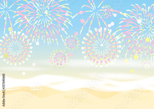 花火と南の島のリゾート海岸のイラスト