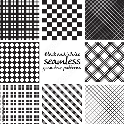 Set of black and white seamless geometric patterns in square