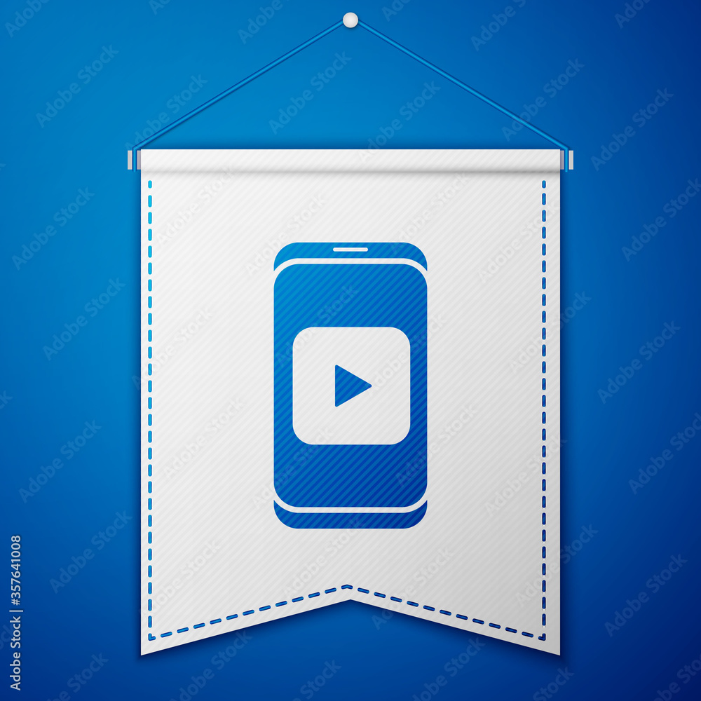 Blue Online play video icon isolated on blue background. Smartphone and film strip with play sign. White pennant template. Vector Illustration. Blue Online play video icon isolated on blue background. Smartphone and film strip with play sign. White pennant template. Vector Illustration.
