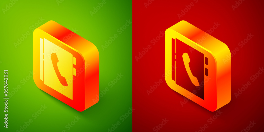 Isometric Address book icon isolated on green and red background. Notebook, address, contact, directory, phone, telephone book icon. Square button. Vector Illustration. Isometric Address book icon isolated on green and red background. Notebook, address, contact, directory, phone, telephone book icon. Square button. Vector Illustration.