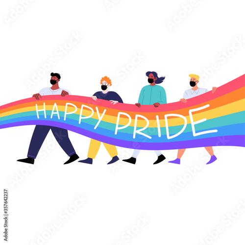 Different people marching together wearing face masks holding pride flag. Pride month concept
