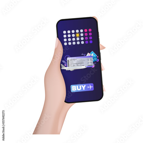 A hand holds a mobile phone with the application for the purchase of airline tickets. The application for online booking airline tickets. Isolated, vector.