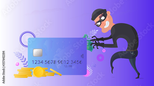 A thief is trying to steal a credit card. Credit card, gold coins, dollars. Online Security Concept. Vector.