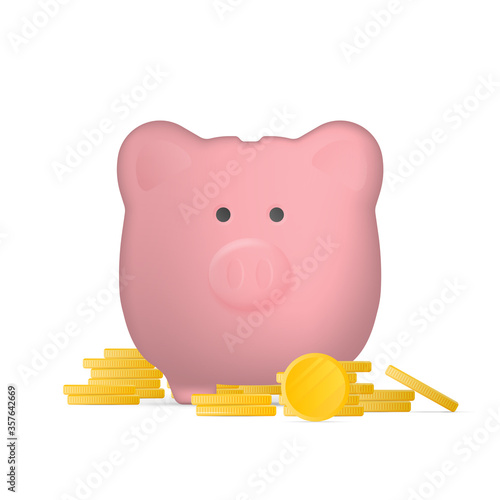 Pink piggy bank in the form of pigs with gold coins. Piggy bank for money with a mountain of coins. Isolated. Vector.