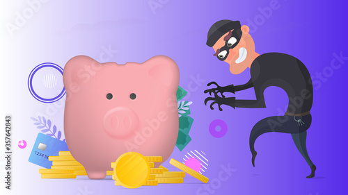 The robber steals a piggy bank. A thief steals money. Pink piggy bank in the form of a pig with gold coins. The concept of robbery. Vector.