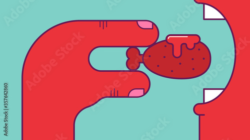 Close-up of hand holding chicken wing. Mouth is opened. Clipping mask used.