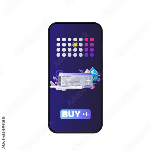 Phone with the application for the purchase of airline tickets. Application for online booking of air tickets. Isolated vector
