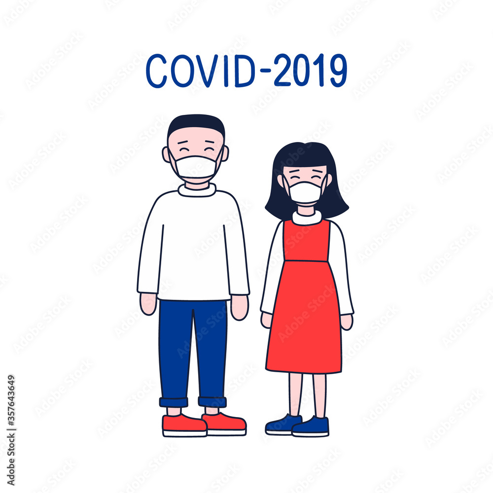 Vector illustration with chinese people in medical face masks. Adult man and women protecting from coronavirus epidemic. Isolated on white background. Blue, red, white colors. Doodle illustration.