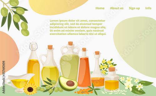 Various healthy oil landing web page, concept banner website template cartoon vector illustration. Website page banner, modern avocado, sunflower and olive fat. Home info and about us button.