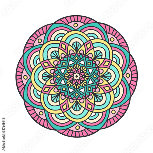Vector hand drawn doodle mandala. Ethnic mandala with colorful ornament. Isolated. Abstract illustration.