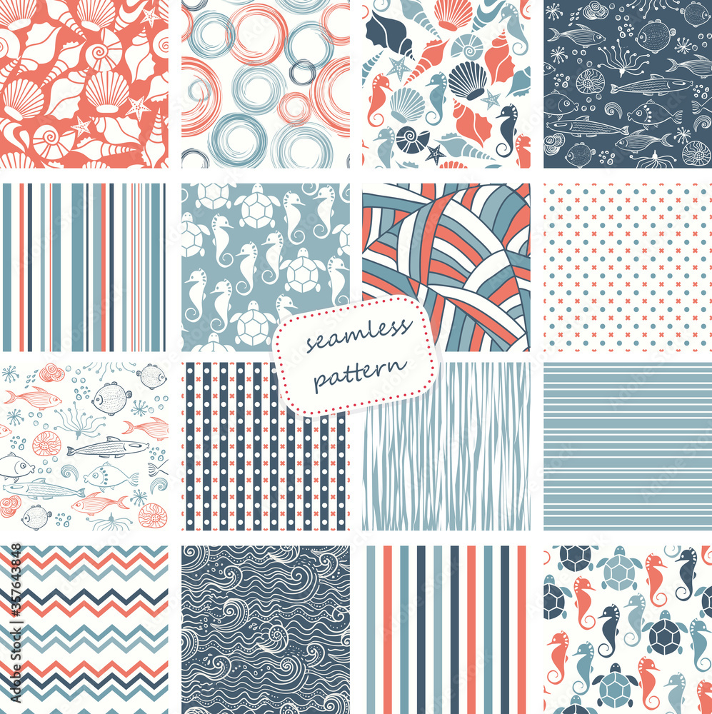 Plakat Set of vintage seamless colorful patterns in marine style. Hand drawn. Vector illustration can be used for ceramic tile, wallpaper, textile, invitation, greeting card, web page background