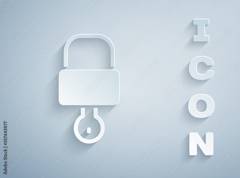 Paper cut Lock and key icon isolated on grey background. Padlock sign. Security, safety, protection, privacy concept. Paper art style. Vector Illustration. Paper cut Lock and key icon isolated on grey background. Padlock sign. Security, safety, protection, privacy concept. Paper art style. Vector Illustration.