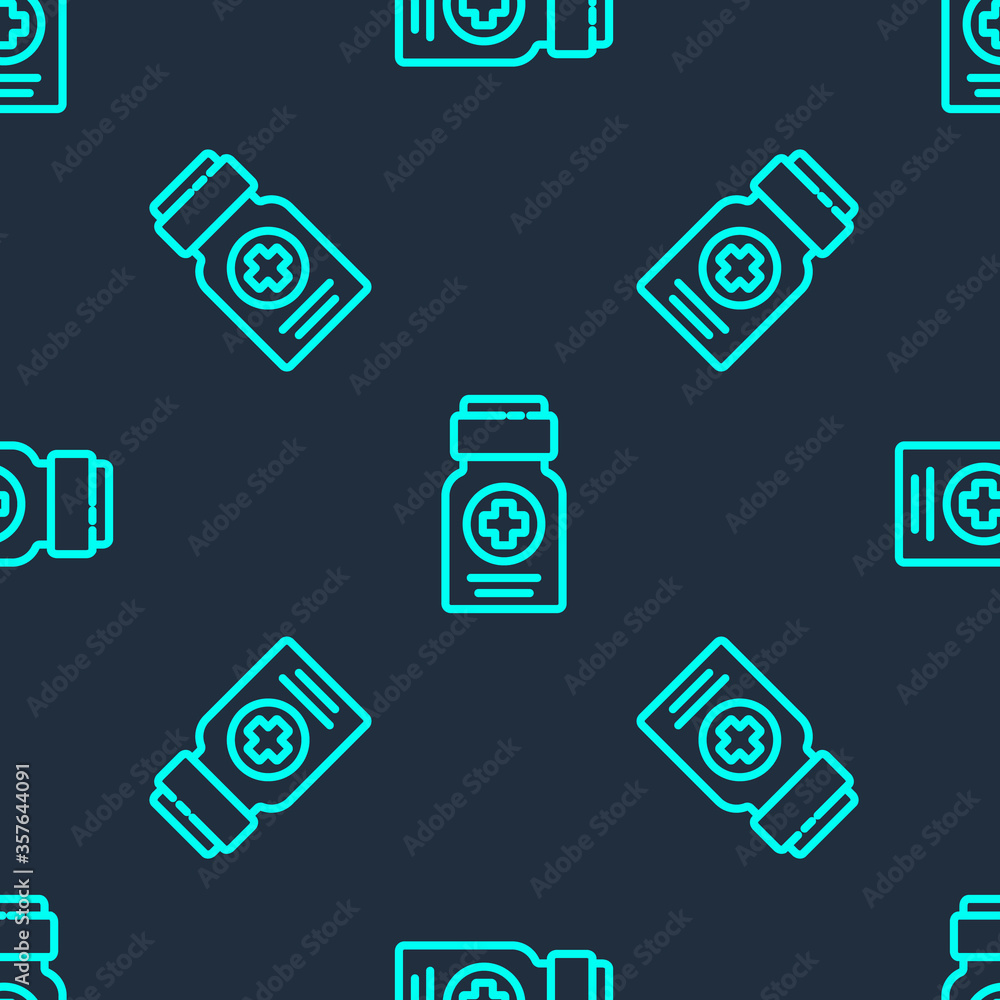 Green line Medicine bottle icon isolated seamless pattern on blue background. Bottle pill sign. Pharmacy design. Vector Illustration. Green line Medicine bottle icon isolated seamless pattern on blue background. Bottle pill sign. Pharmacy design. Vector Illustration.
