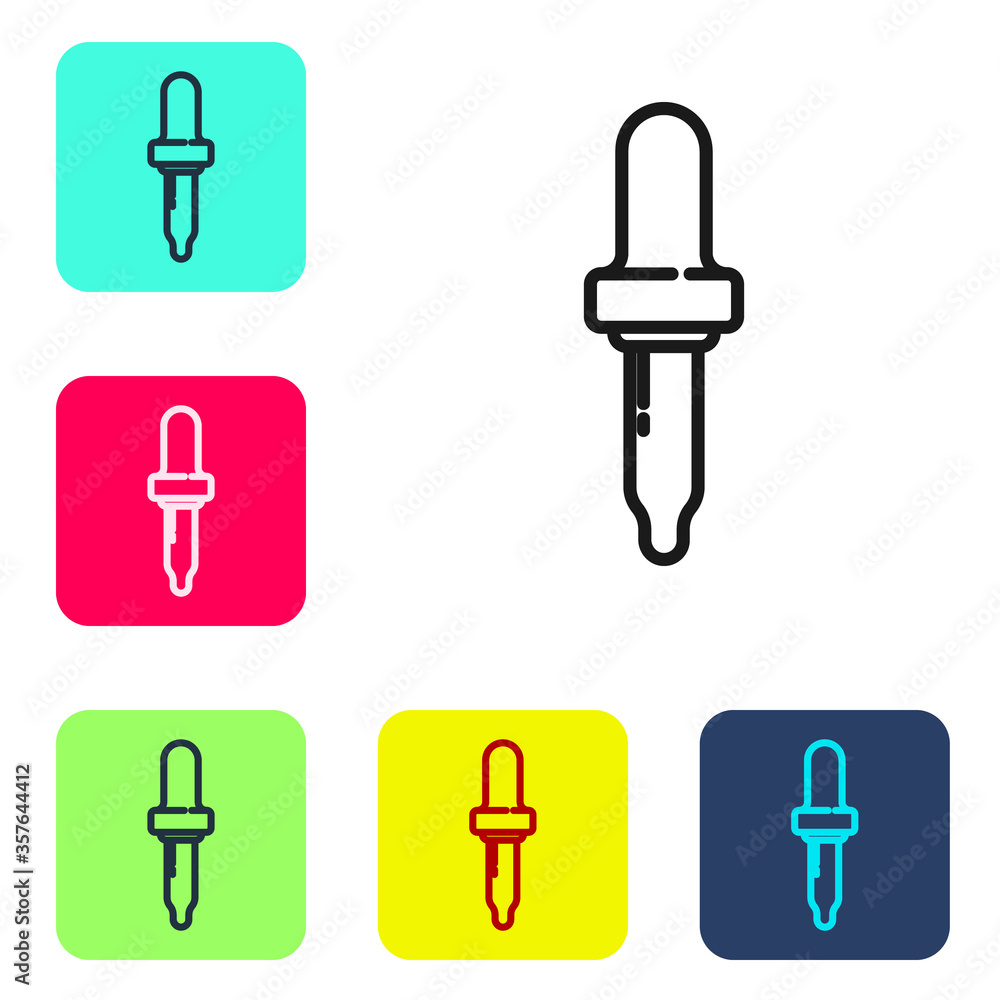 Black line Pipette icon isolated on white background. Element of medical, chemistry lab equipment. Pipette with drop. Medicine symbol. Set icons in color square buttons. Vector Illustration. Black line Pipette icon isolated on white background. Element of medical, chemistry lab equipment. Pipette with drop. Medicine symbol. Set icons in color square buttons. Vector Illustration.