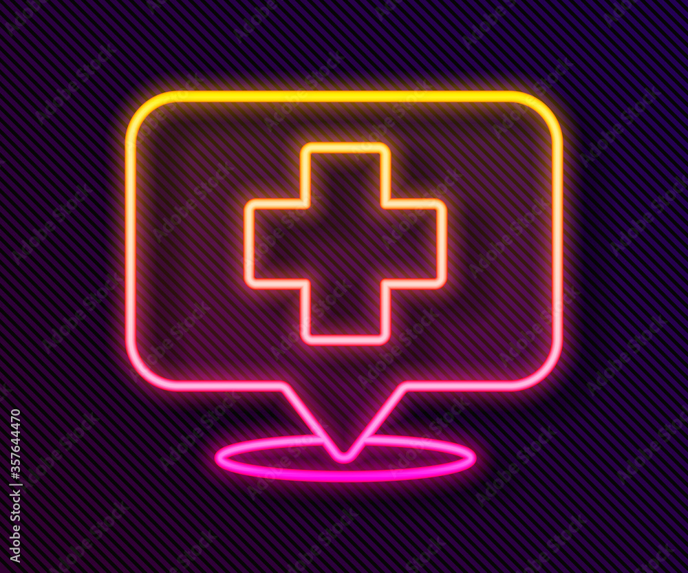 Fototapeta premium Glowing neon line Medical map pointer with cross hospital icon isolated on black background. Vector Illustration.