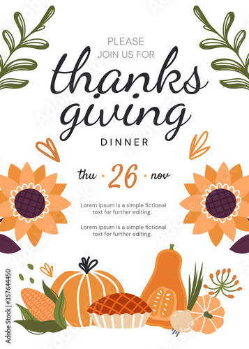 Thanksgiving Dinner invitation template or design with text and date above traditional seasonal fall pumpkins and butternut with pie  colored vector illustration