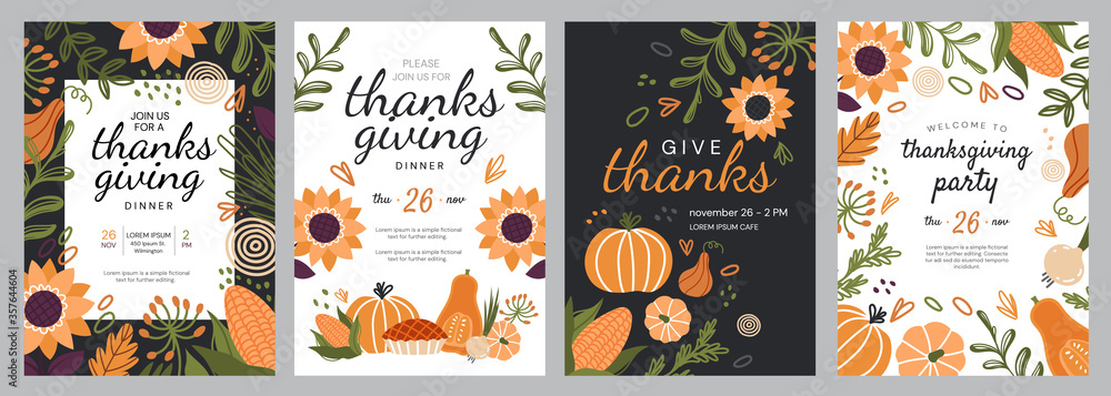 Set of four templates for Thanks Giving celebrations with seasonal fall produce and flowers surrounding central copy space and text, colored vector illustration - obrazy, fototapety, plakaty 