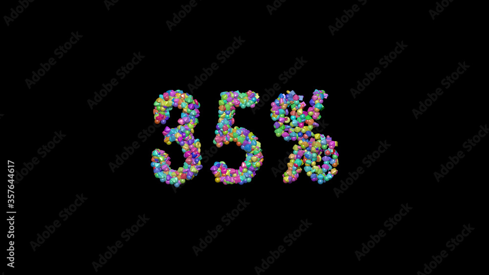 Colorful 3D writting of %  text with small objects over a dark background and matching shadow