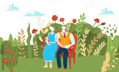 Elderly character couple resting outdoor park, aged male female pair relax natural place cartoon vector illustration. Old lovely person sit street garden bench, concept flower field area.