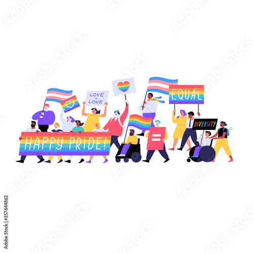 Different people marching on the pride parade holding placards and flags. Pride month concept