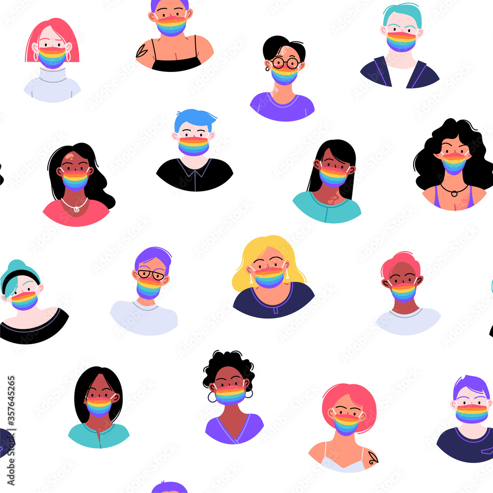 Seamless pattern. Portraits of different people of different identities ethnicities and sexyality wearing rainbow face masks. Pride month cincept Seamless pattern. Portraits of different people of different identities ethnicities and sexyality wearing rainbow face masks. Pride month cincept