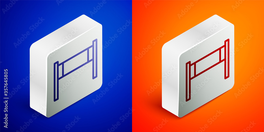 Isometric line Volleyball net icon isolated on blue and orange background. Silver square button. Vector Illustration. Isometric line Volleyball net icon isolated on blue and orange background. Silver square button. Vector Illustration.