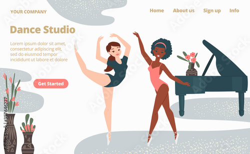 Ballet school dance studio landing web page, concept banner website template cartoon vector illustration. Website page banner, modern black piano, character female performing choreography.