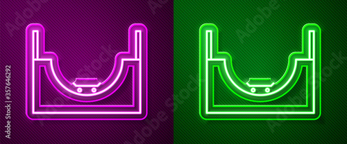 Glowing neon line Skate park icon isolated on purple and green background. Set of ramp, roller, stairs for a skatepark. Extreme sport. Vector Illustration.