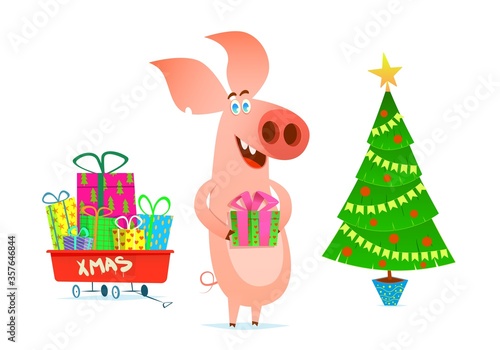 Pig with a gift on the background of a Christmas tree and a red cart. Cartoon flat style illustration.