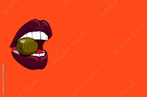 vector illustration of sensual mouth eating a green olive on colored background