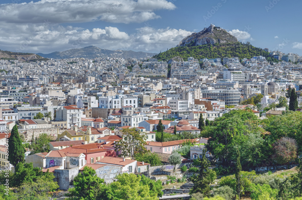Breathtaking view on Athens city and ancient Lycabettus hill.