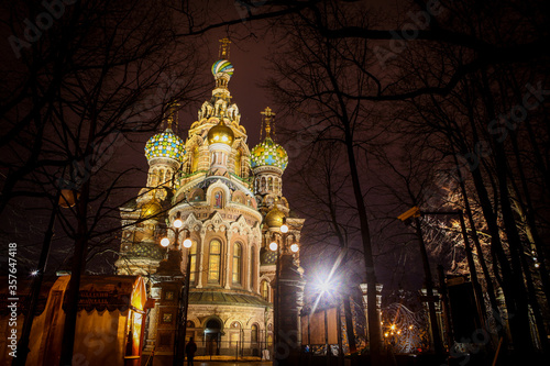 Saint Petersburg / Russia - February 18, 2017: Church of Savior on the Spilled Blood at night during where is a famous place for tourist with a beautiful onion dome.