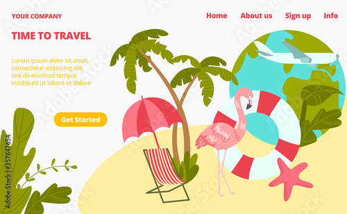Pink flamingo stay beach chair and palm tree landing web page, concept banner website template cartoon vector illustration. Trip website page, get started button. Travel around earth world.
