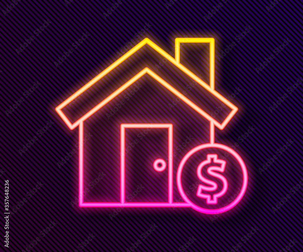 Glowing neon line House with dollar symbol icon isolated on black background. Home and money. Real estate concept. Vector Illustration. Glowing neon line House with dollar symbol icon isolated on black background. Home and money. Real estate concept. Vector Illustration.