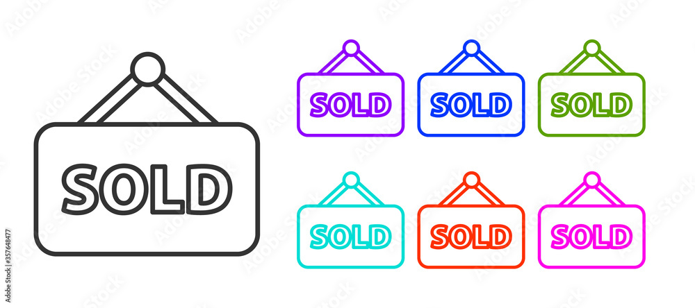 Black line Hanging sign with text Sold icon isolated on white background. Sold sticker. Sold signboard. Set icons colorful. Vector Illustration. Black line Hanging sign with text Sold icon isolated on white background. Sold sticker. Sold signboard. Set icons colorful. Vector Illustration.
