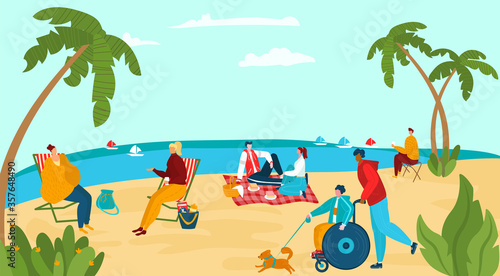 Character people relax sea shore, male female disabled walking dog, group human rest ocean beach flat vector illustration. Woman sitting deck chair and family picnic tropical hot place with palm tree.