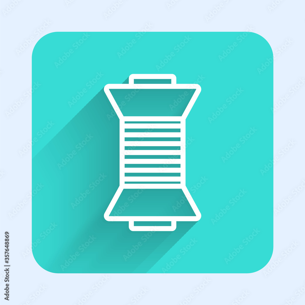 White line Sewing thread on spool icon isolated with long shadow. Yarn spool. Thread bobbin. Green square button. Vector Illustration. White line Sewing thread on spool icon isolated with long shadow. Yarn spool. Thread bobbin. Green square button. Vector Illustration.