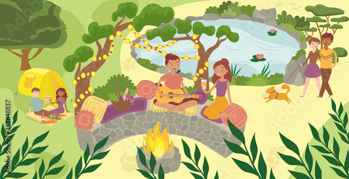 Character male female picnic in national park relax  outdoor garden rest peaceful place flat vector illustration. Lovely couple date  man play guitar song. Pair sitting bonfire  people walking dog.
