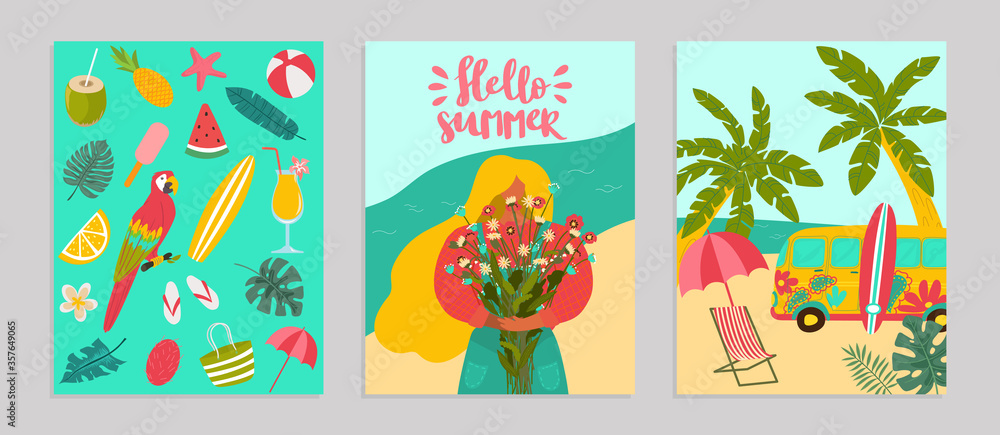 Set poster hello summer concept banner, pattern tropical hot relax flat vector illustration. Surf flyer advertising, ocean rest seaside. Templates ads billboard, palm tree woman hold bouquet flower. - obrazy, fototapety, plakaty 