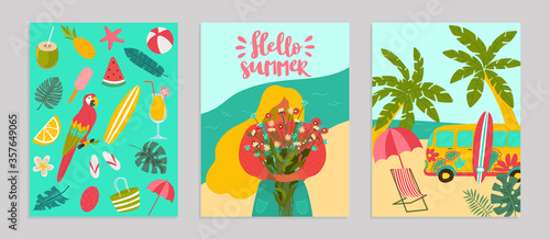 Set poster hello summer concept banner, pattern tropical hot relax flat vector illustration. Surf flyer advertising, ocean rest seaside. Templates ads billboard, palm tree woman hold bouquet flower.