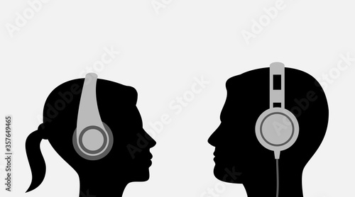 Young people in stereo headphones