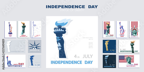 Independence day poster, hand with torch, presentation, banner. Statue of Liberty, set of flat blue design templates. USA flag, holiday. Symbol of America. New York. Advertising text header, vector