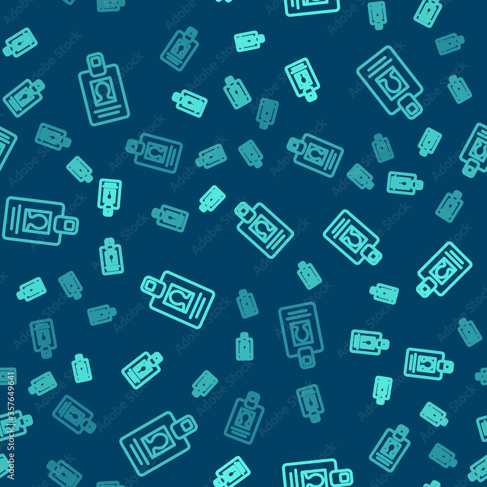 Green line Identification badge icon isolated seamless pattern on blue background. It can be used for presentation, identity of the company, advertising. Vector Illustration. Green line Identification badge icon isolated seamless pattern on blue background. It can be used for presentation, identity of the company, advertising. Vector Illustration.
