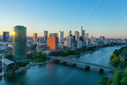 Frankfurt Skyline high above the Main River at sunset
