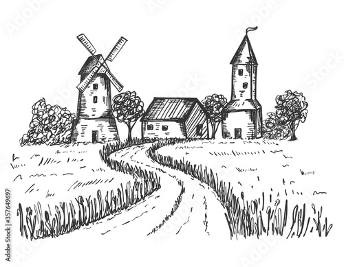 Sketch of a rural landscape. The road leading to the farm, houses, mill through a wheat field. Good for packaging eco-friendly, natural food. Engraved, etched image.Hand drawn. Black and white vector