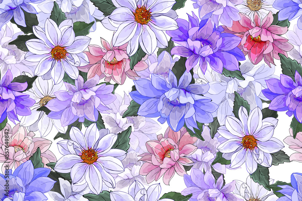 Pretty Floral Seamless Pattern with Multi-colored Flowers Dahlias and Leaves on White Background. Watercolor style. For Textile, Wallpapers, Print, Greeting. Vector Illustration.