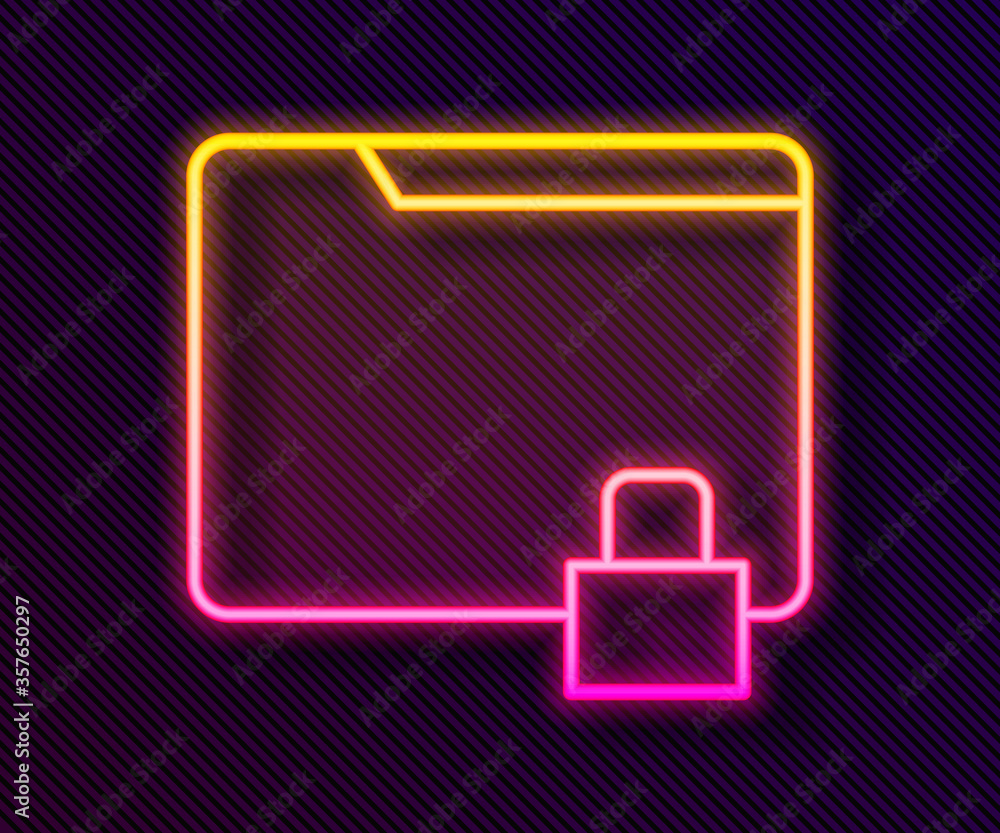 Glowing neon line Folder and lock icon isolated on black background. Closed folder and padlock. Security, safety, protection concept. Vector Illustration. Glowing neon line Folder and lock icon isolated on black background. Closed folder and padlock. Security, safety, protection concept. Vector Illustration.