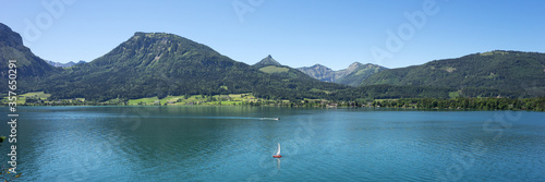 Panorama from Landscape of Wolfgangsee lake with its surrounding mountains. Austria