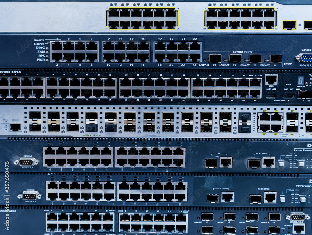 Server room with computers for internet. Network cables connected to switches. Server room with computers for internet. Network cables connected to switches.